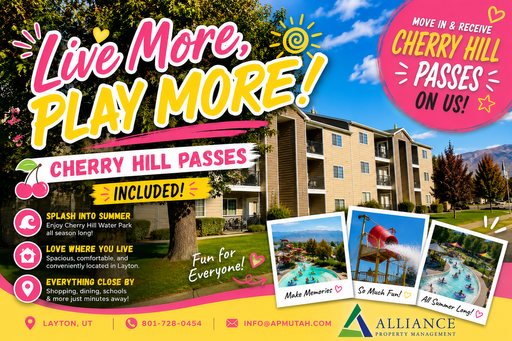 FREE Cherry Hill Water Park Passes! 1 Bed | 1 Bath Apartment in Layton! – photo 1
