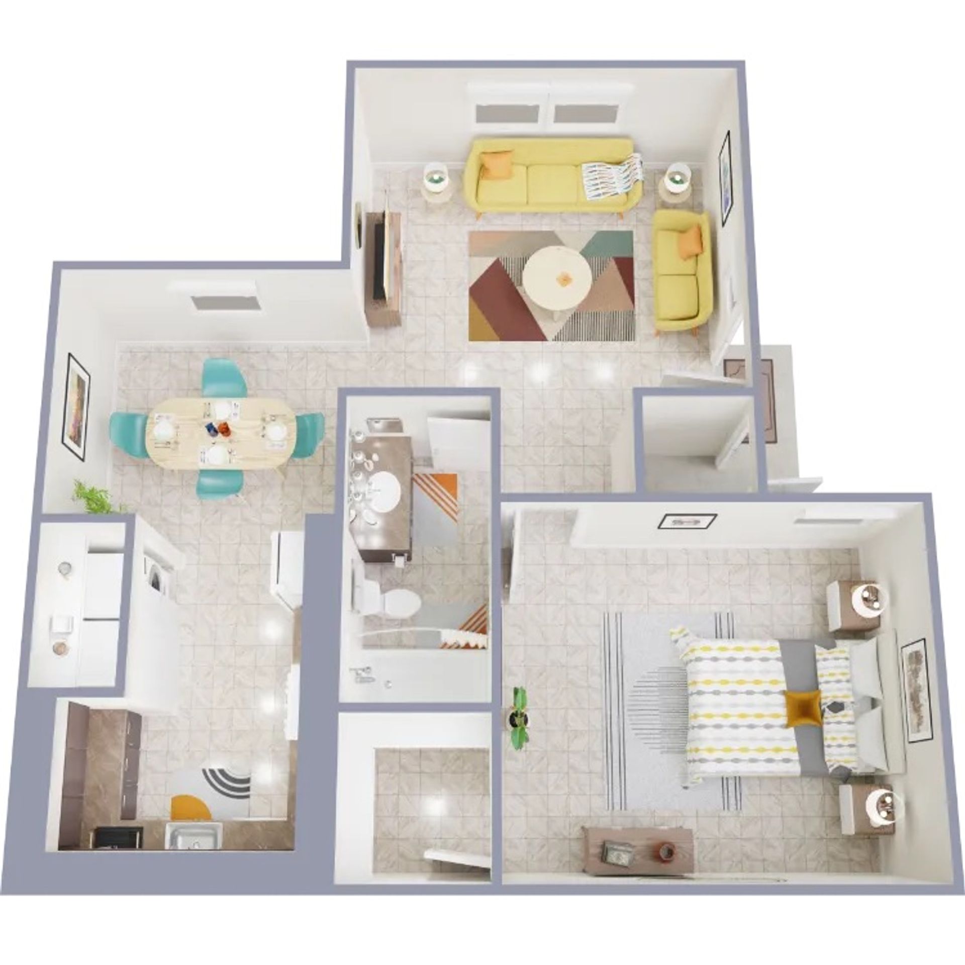 3D apartment layout preview at Lynnwood Apartments.