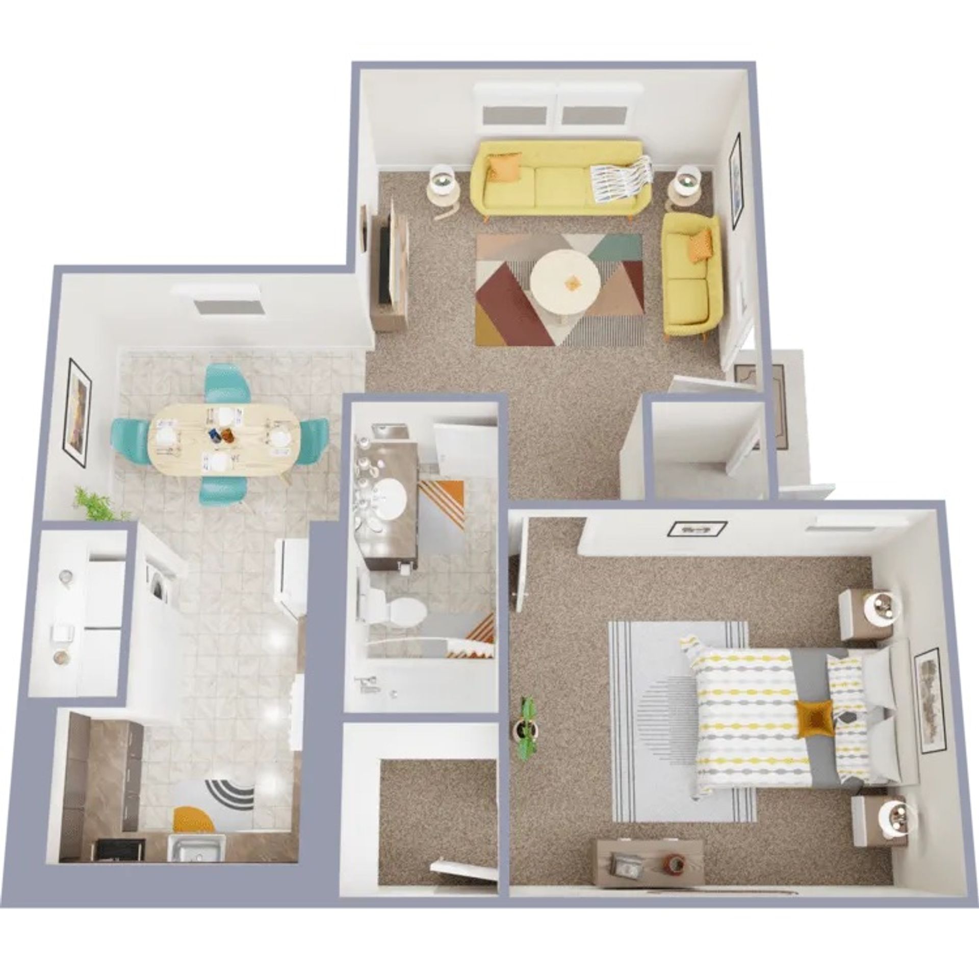 3D apartment layout preview at Lynnwood Apartments.