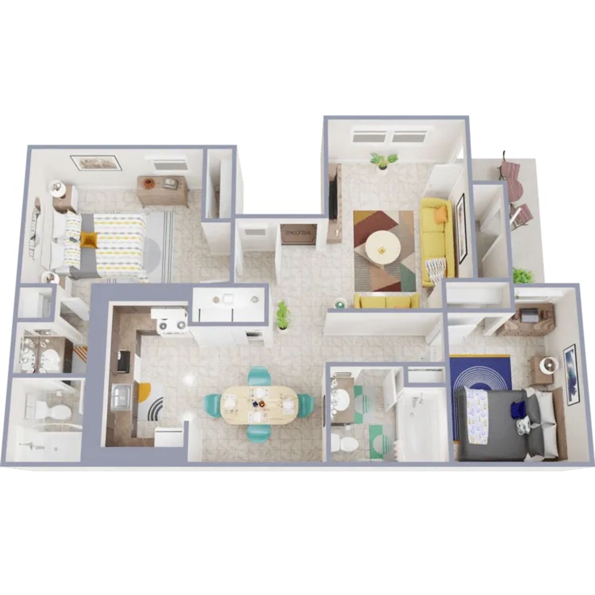 3D apartment layout preview at Lynnwood Apartments.