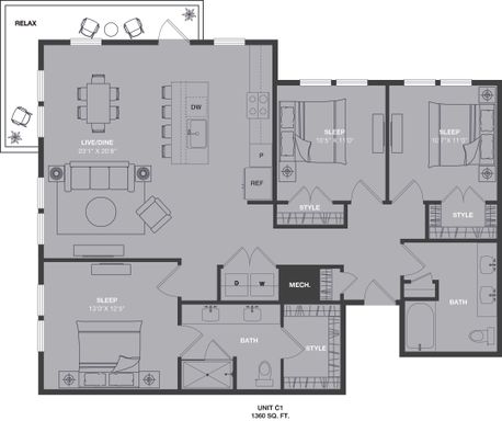 C1 Three Bedroom 1360sqft – photo 1