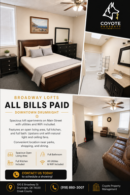 For Lease: All Bills Paid Loft Apartment in Downtown Drumright