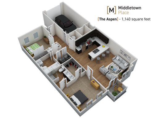 The Aspen - 2 Bedroom/2 Bathroom Apartment w/ Attached Garage @ Middletown Place Apartments
