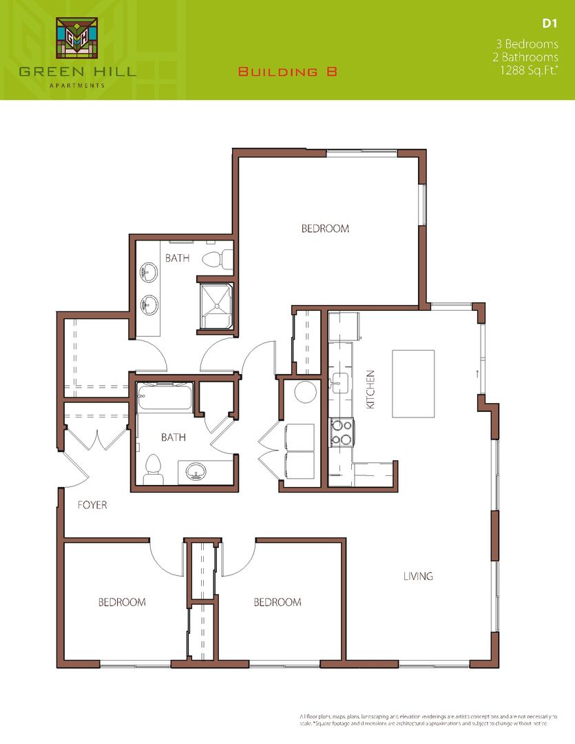 3-Bedroom 2-Bath with Balcony Apartment