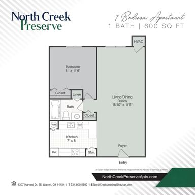 1 bedroom/ 1 bath apartment 600 sq. ft.