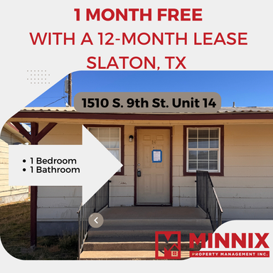 Slaton, TX | Slaton ISD for Rent | 1 bedroom 1 bathroom |One Month Free Rent with 12 month lease|1510 S. 9th St. Unit 14