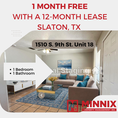 1 bedroom 1 bath Apartment in Slaton | 1 month free | 1510 S. 9th St. #18