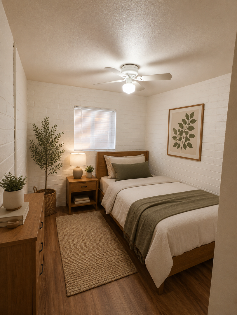 Virtually staged bedroom at Earll Drive Apartments.