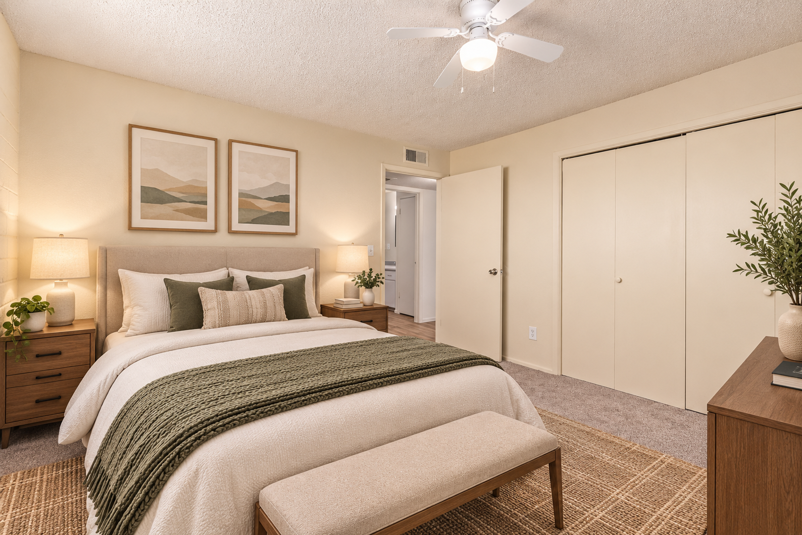 Virtually staged bedroom at Earll Drive Apartments.