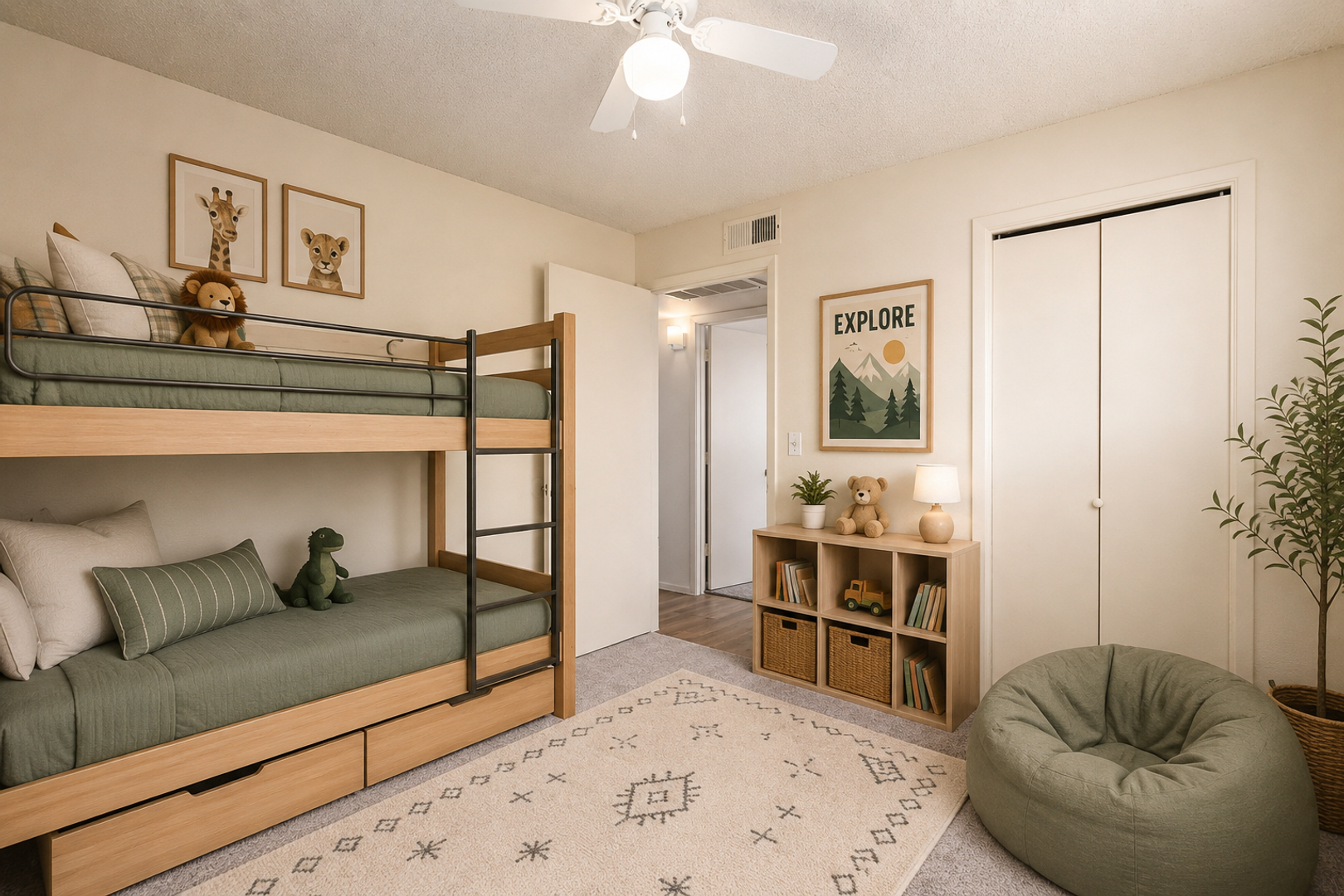 Virtually staged bedroom at Earll Drive Apartments.