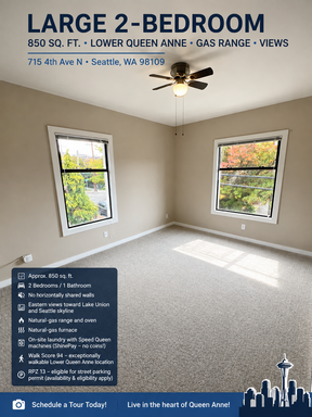 LARGE 850 SQ. FT. 2-BEDROOM • LOWER QUEEN ANNE • GAS RANGE • VIEWS – photo 1