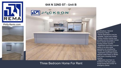 3 Bedroom Apartment – 644 N 32ND ST - Unit B, Philadelphia, PA 19104