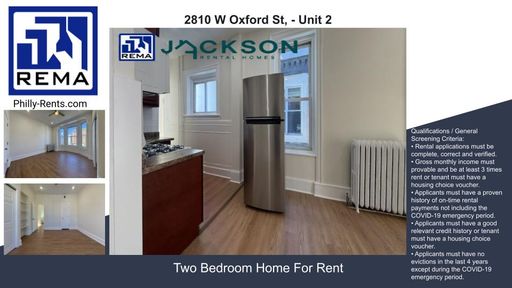 2 Bedroom Apartment – 2810 W Oxford St, - Unit 2 , Philadelphia, PA 19121