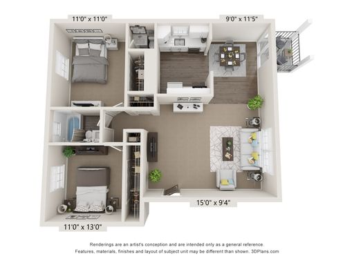 2 Bedroom 1.5 Bath – 890