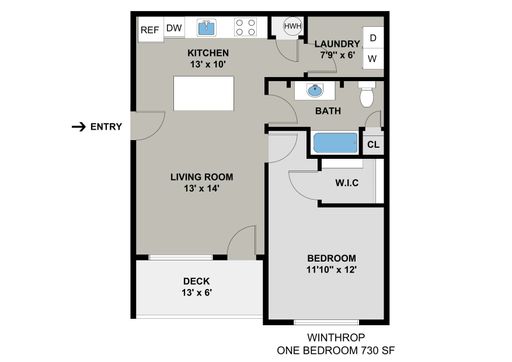 Winthrop Model - 1BR/1BA 730SF - Buildings A, B, C, D