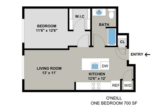 O'Neill Model - 1BR/1BA - 700SF - Buildings A, B, C, D
