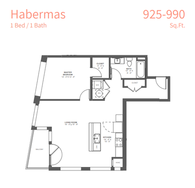 Habermas Floorplan- 1b/1ba Large-955 sf – photo 1