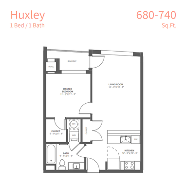 Huxley Floor Plan -696sf-1b/1ba- Small – photo 1