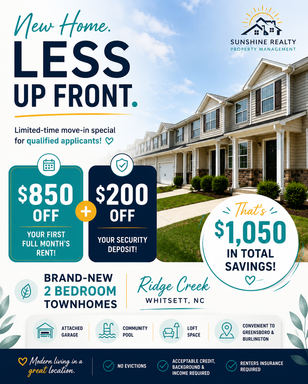 Two bedroom, 2.5 bath townhome in Ridge Creek, Whitsett-Save $1050!!!